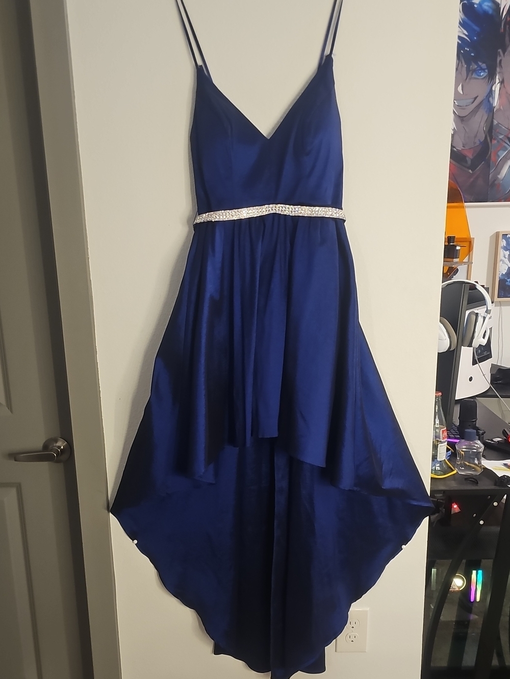 Royal Blue High-Low Party Dress with Rhinestone Waistband And Criss Cross Back